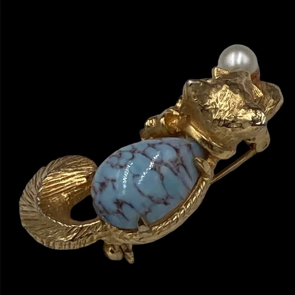 Vintage DeNicola Blue Art Glass Playful Cat Brooch
